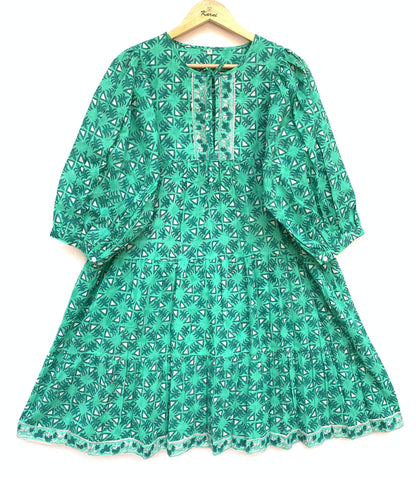 bright green mini dress with hand block print