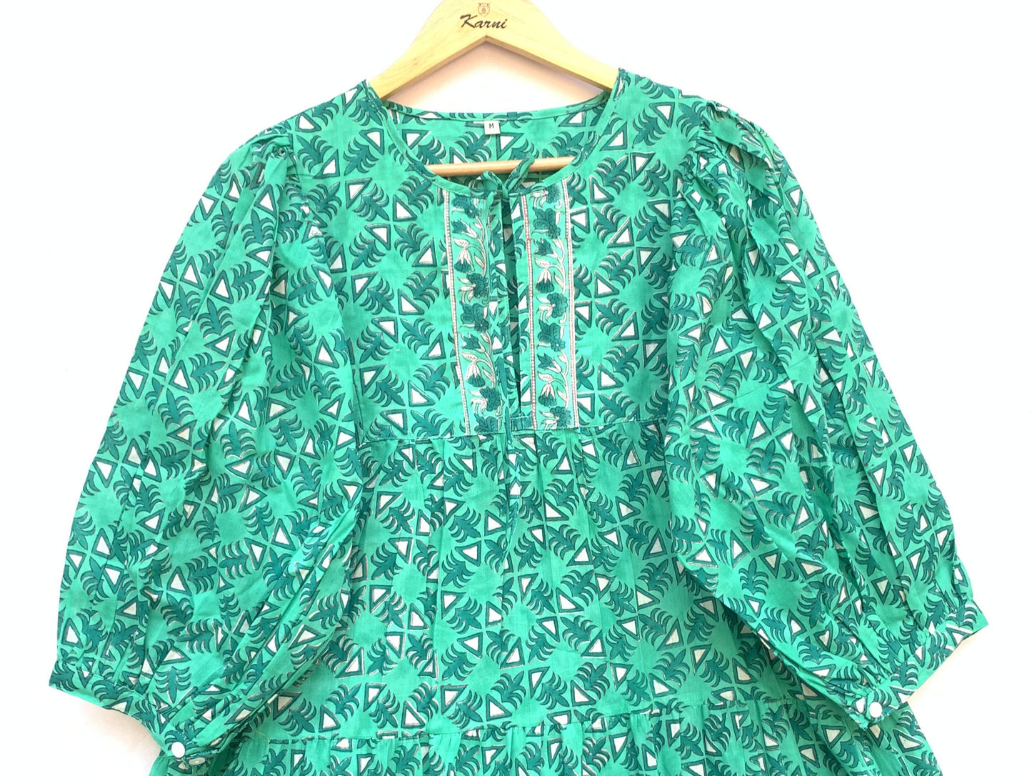 bright green mini dress with hand block print