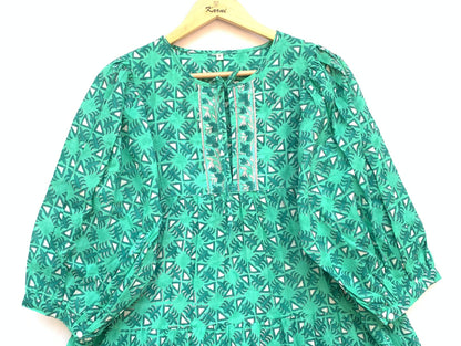 bright green mini dress with hand block print