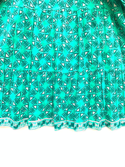 bright green mini dress with hand block print