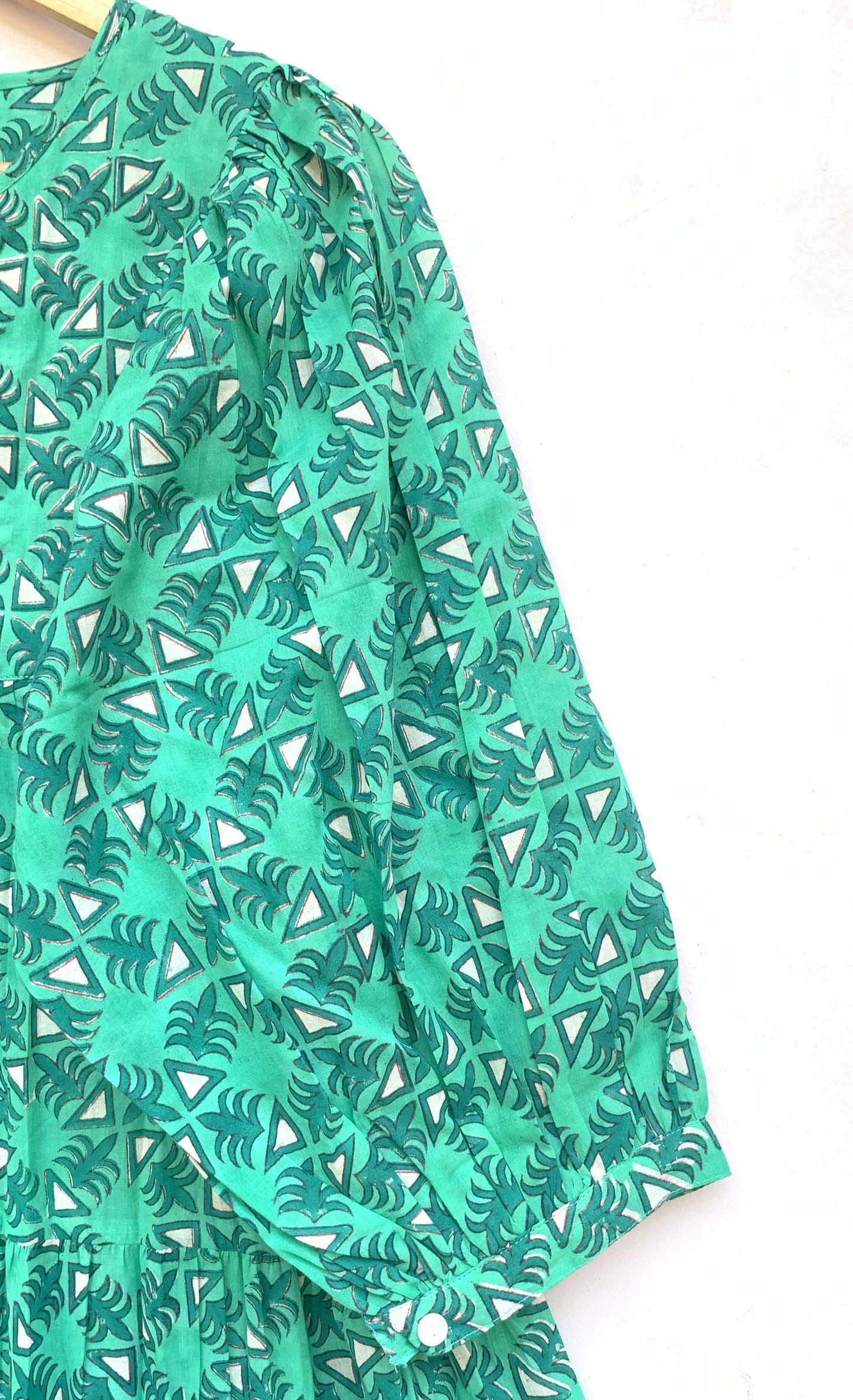 bright green mini dress with hand block print