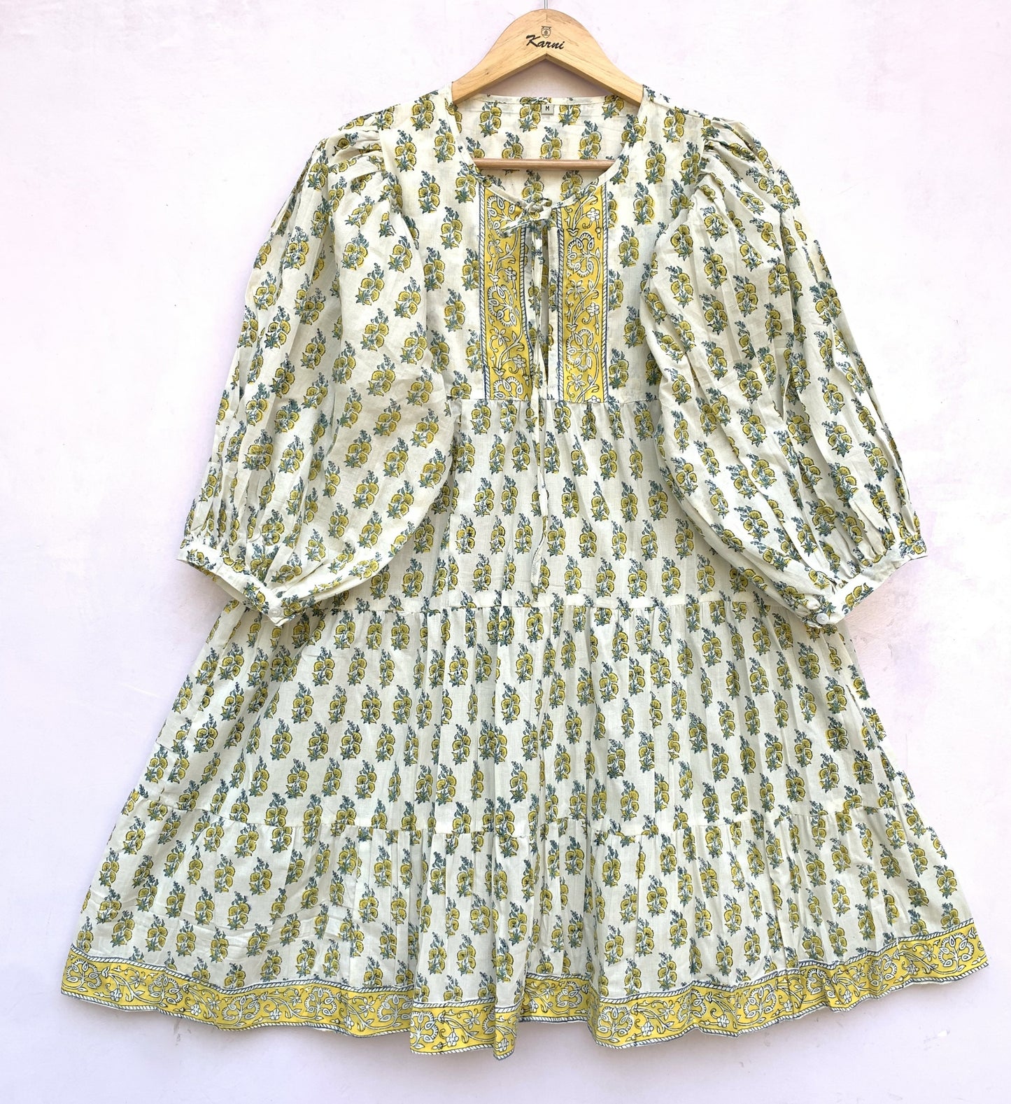 white cotton mini dress with yellow indian block print