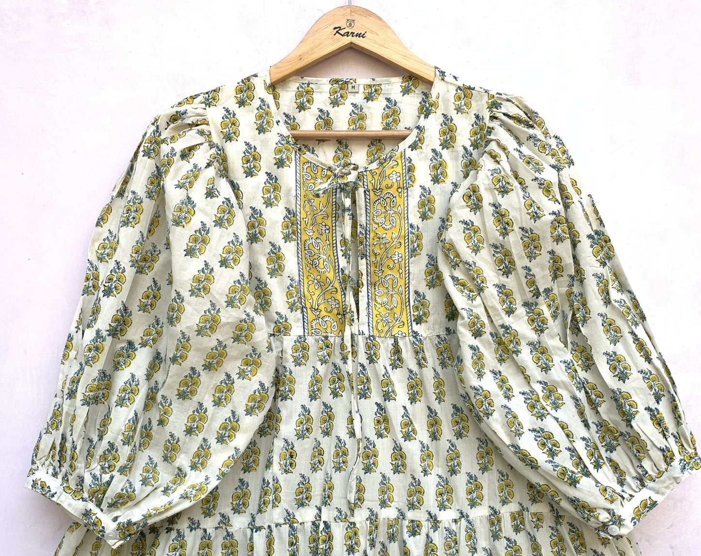 white cotton mini dress with yellow indian block print