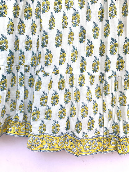 white cotton mini dress with yellow indian block print