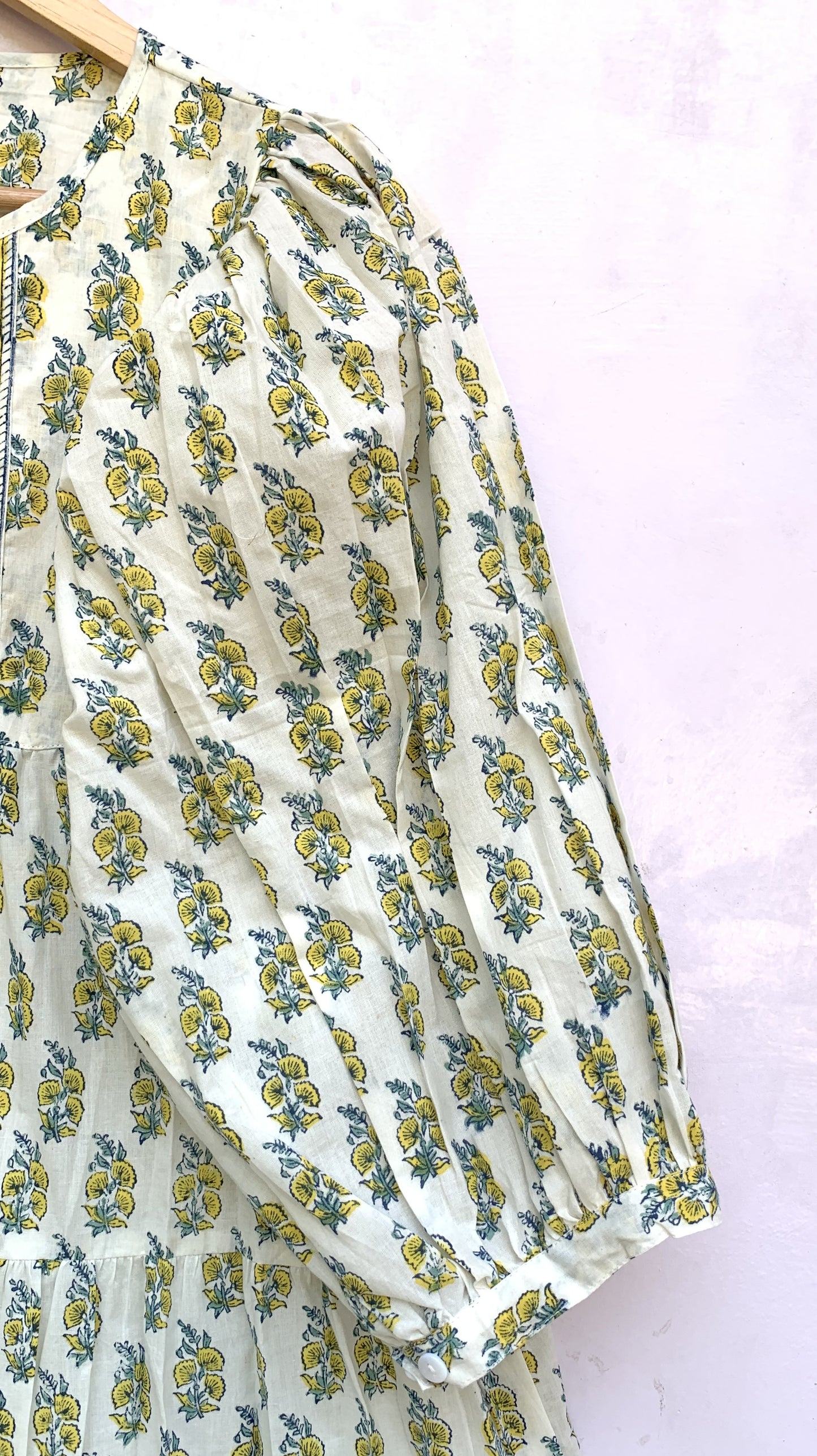 white cotton mini dress with yellow indian block print