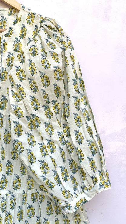white cotton mini dress with yellow indian block print