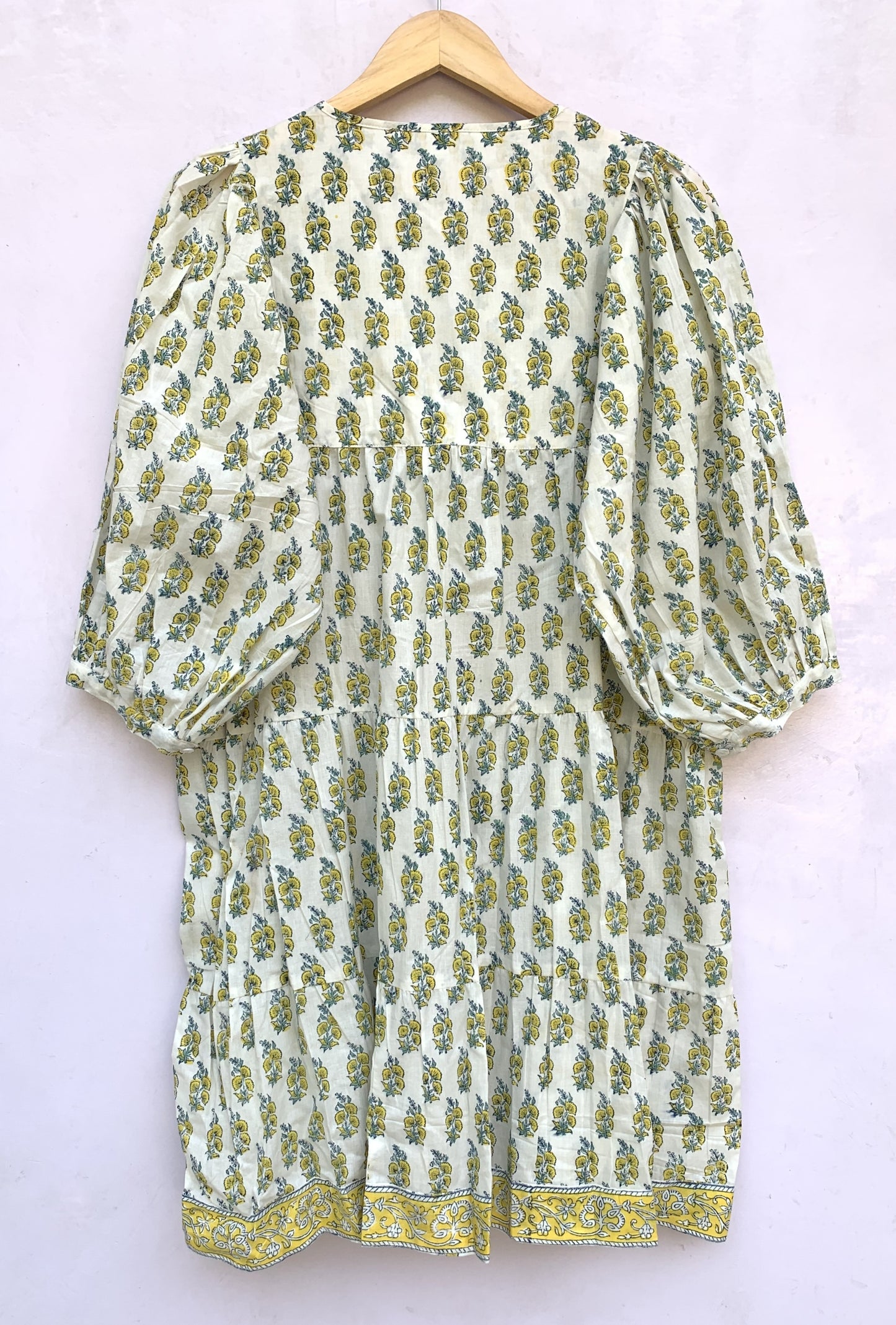 white cotton mini dress with yellow indian block print