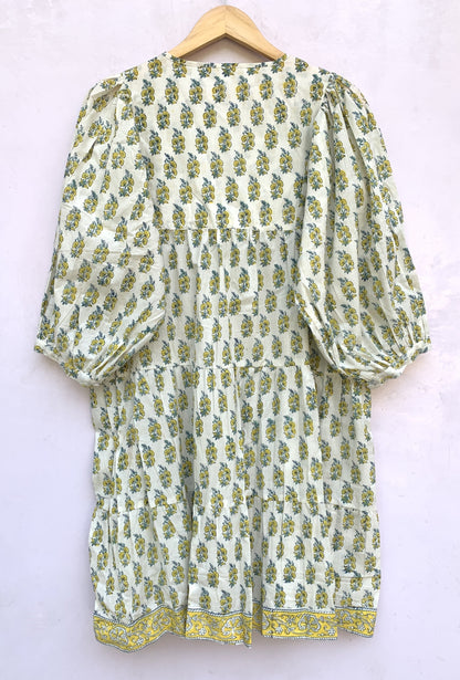 white cotton mini dress with yellow indian block print