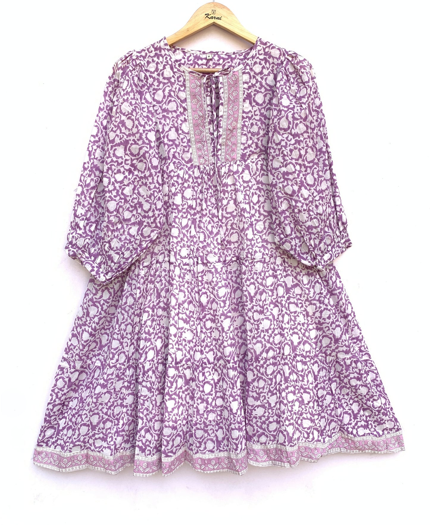 purple and white cotton summer mini hand block printed dress