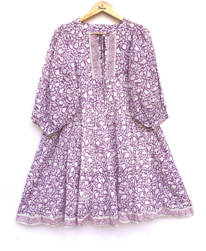 purple and white cotton summer mini hand block printed dress