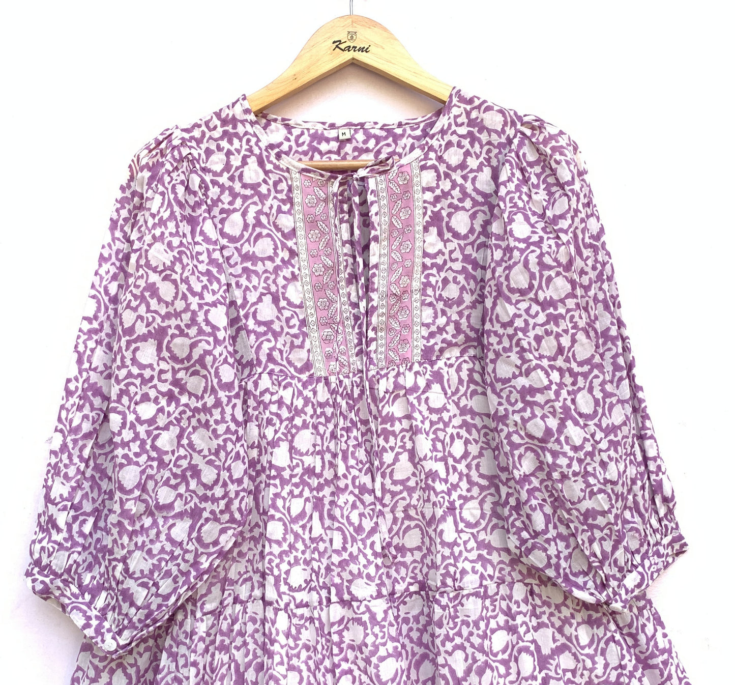 purple and white cotton summer mini hand block printed dress
