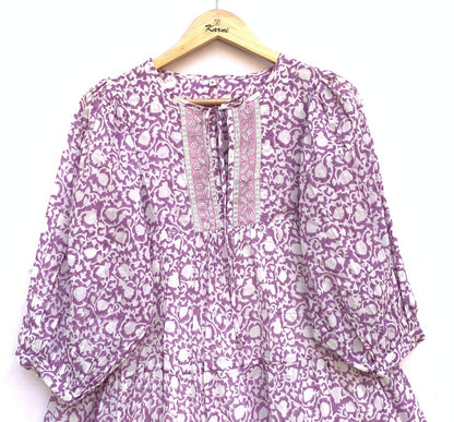 purple and white cotton summer mini hand block printed dress