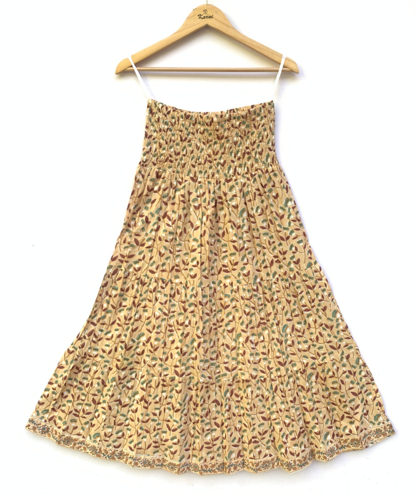 Mustard Leaf Block Print Cotton Smocked Dress – Handcrafted Boho Midi Sundress