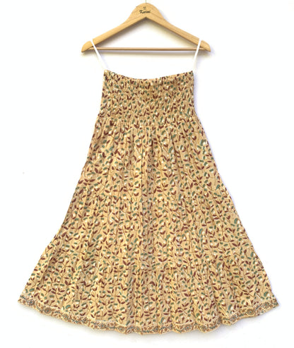 Mustard Leaf Block Print Cotton Smocked Dress – Handcrafted Boho Midi Sundress