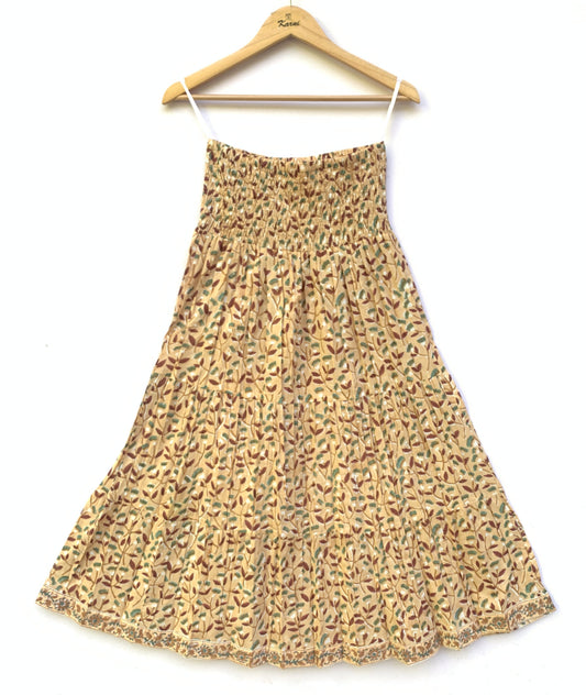 Mustard Leaf Block Print Cotton Smocked Dress – Handcrafted Boho Midi Sundress