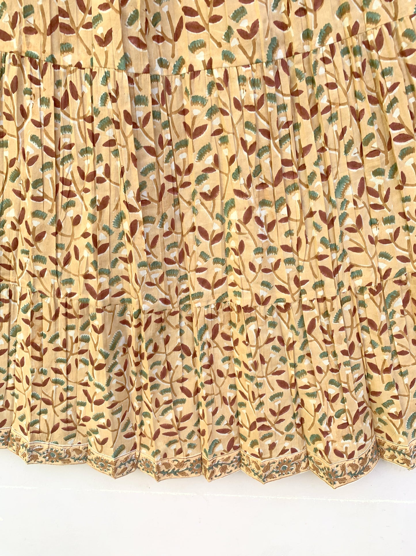 Mustard Leaf Block Print Cotton Smocked Dress – Handcrafted Boho Midi Sundress