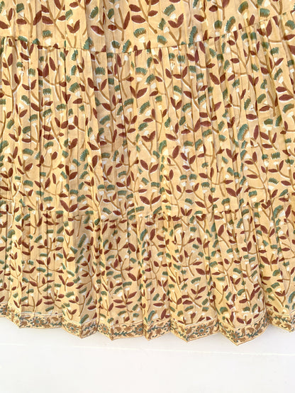 Mustard Leaf Block Print Cotton Smocked Dress – Handcrafted Boho Midi Sundress