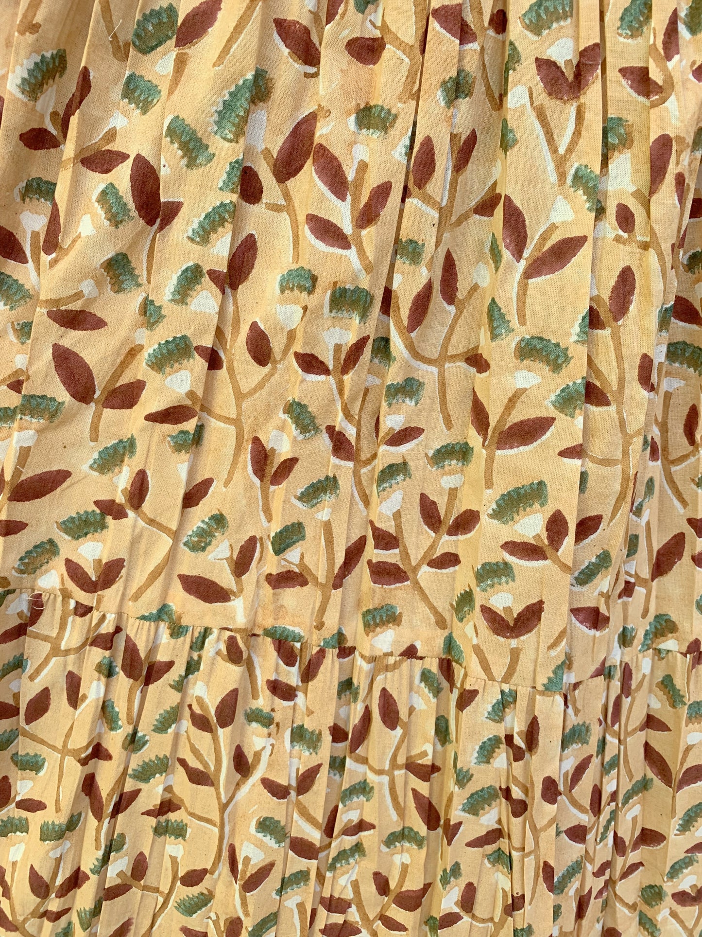 Mustard Leaf Block Print Cotton Smocked Dress – Handcrafted Boho Midi Sundress