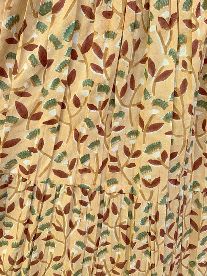 Mustard Leaf Block Print Cotton Smocked Dress – Handcrafted Boho Midi Sundress