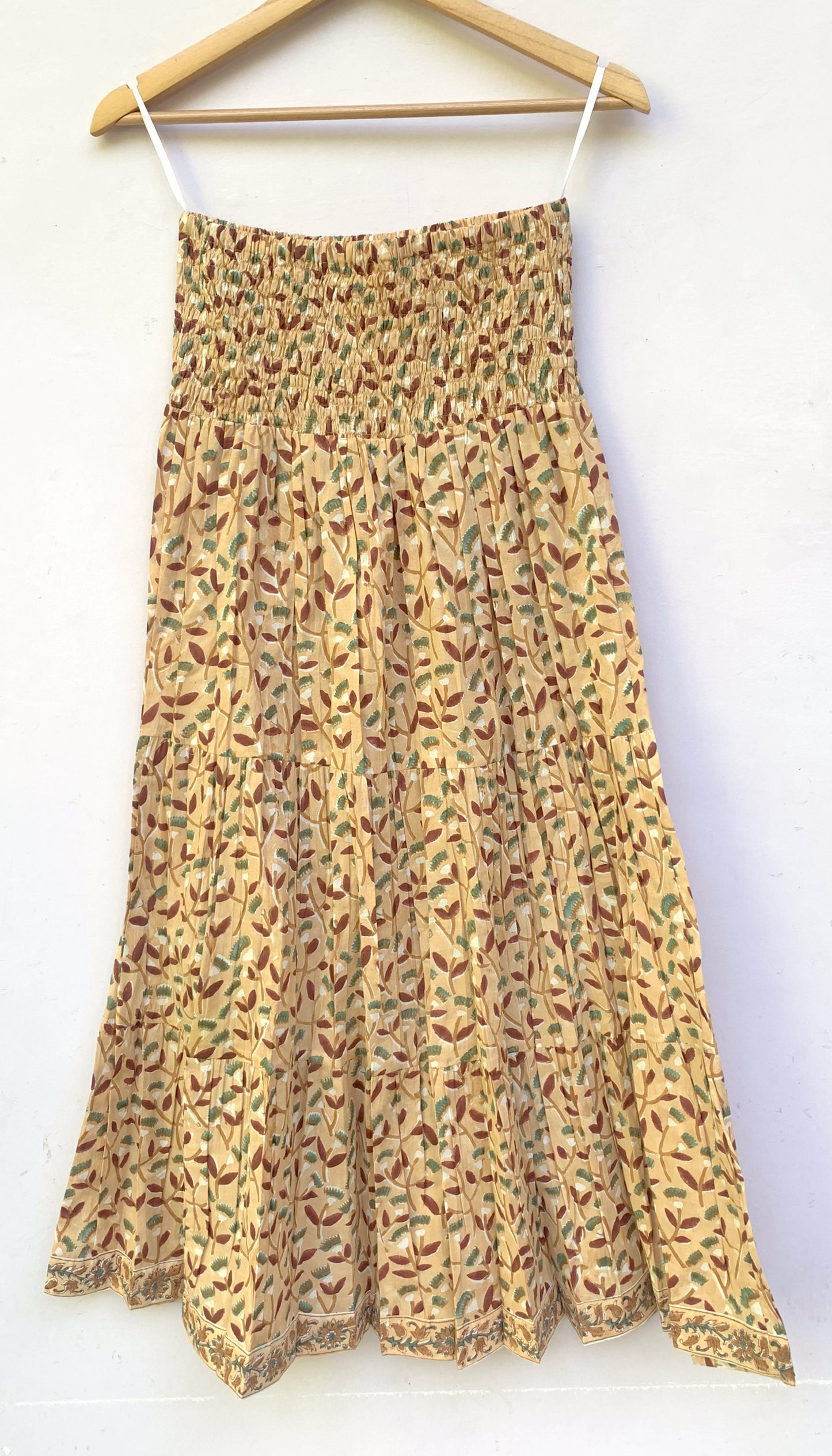 Mustard Leaf Block Print Cotton Smocked Dress – Handcrafted Boho Midi Sundress
