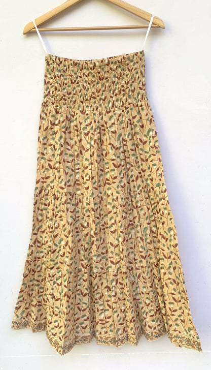 Mustard Leaf Block Print Cotton Smocked Dress – Handcrafted Boho Midi Sundress