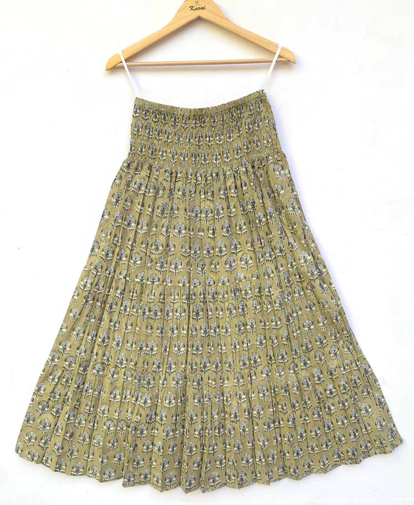 Olive Green Floral Block Print Cotton Smocked Dress – Handcrafted Boho Midi Sundress