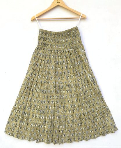 Olive Green Floral Block Print Cotton Smocked Dress – Handcrafted Boho Midi Sundress