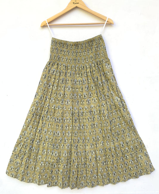 Olive Green Floral Block Print Cotton Smocked Dress – Handcrafted Boho Midi Sundress
