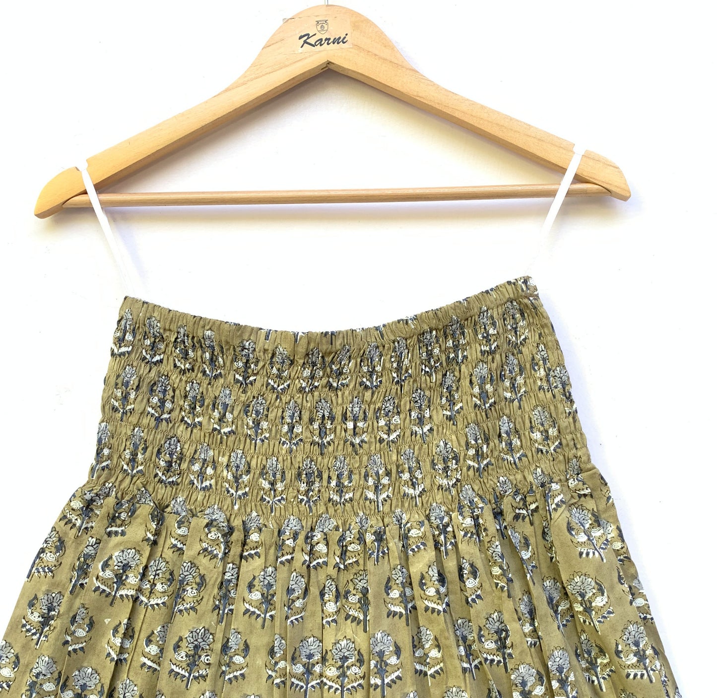 Olive Green Floral Block Print Cotton Smocked Dress – Handcrafted Boho Midi Sundress