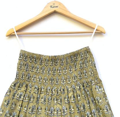 Olive Green Floral Block Print Cotton Smocked Dress – Handcrafted Boho Midi Sundress