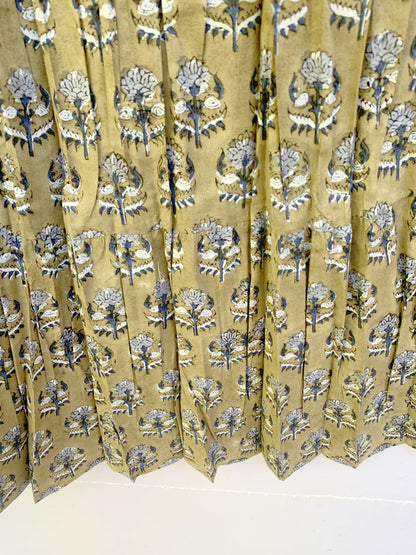 Olive Green Floral Block Print Cotton Smocked Dress – Handcrafted Boho Midi Sundress