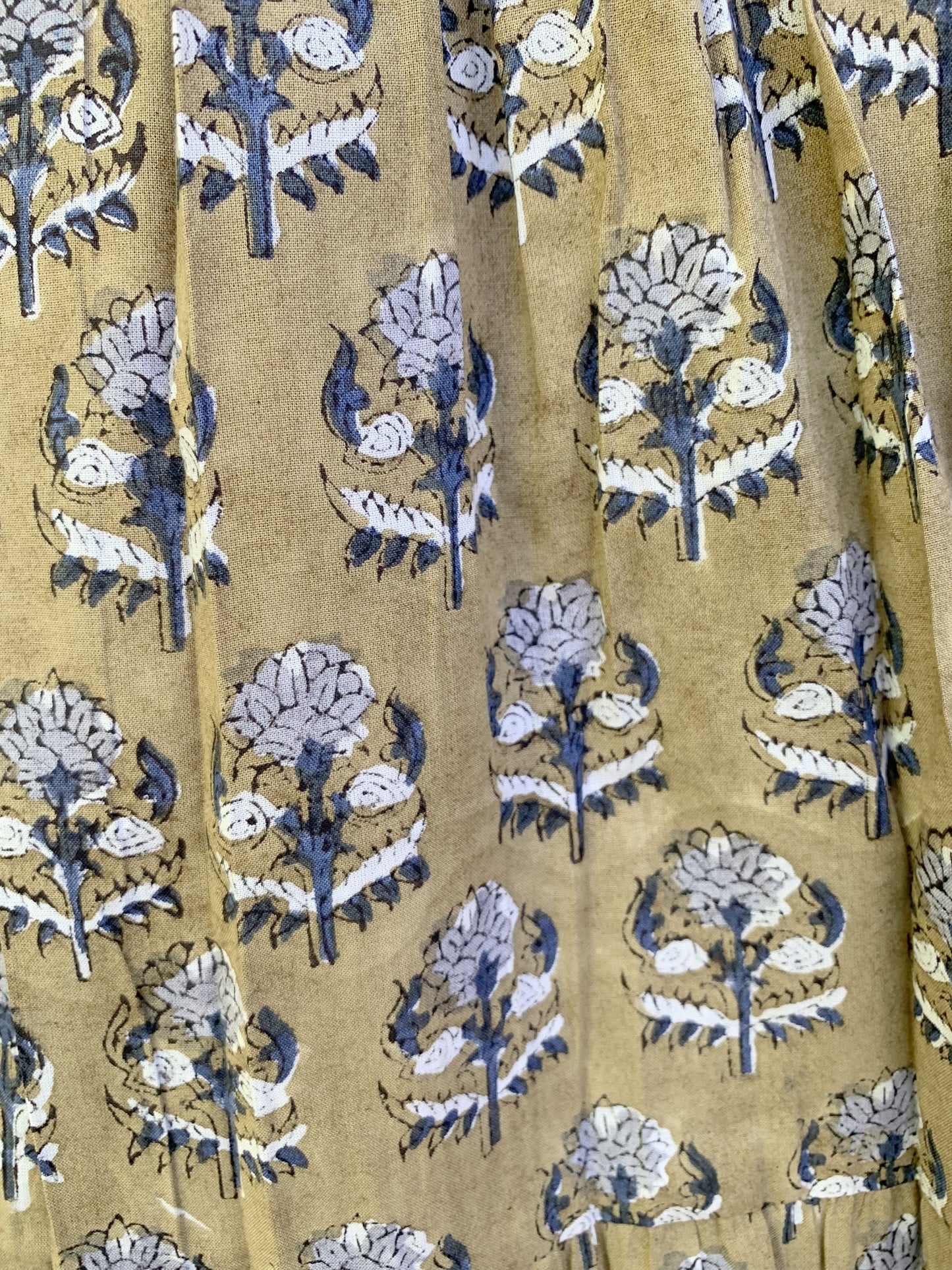 Olive Green Floral Block Print Cotton Smocked Dress – Handcrafted Boho Midi Sundress