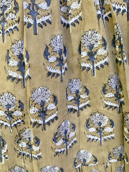 Olive Green Floral Block Print Cotton Smocked Dress – Handcrafted Boho Midi Sundress
