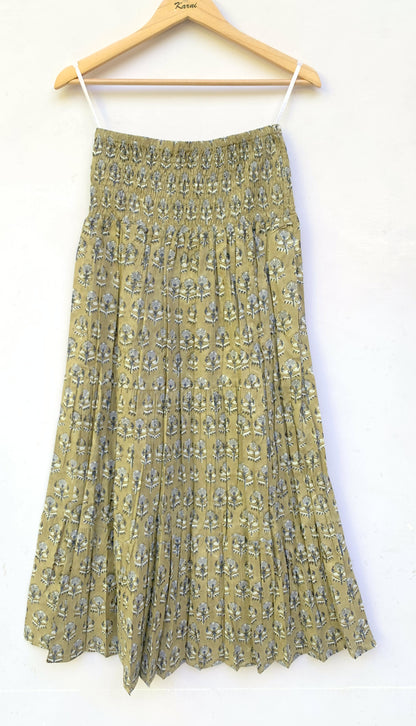 Olive Green Floral Block Print Cotton Smocked Dress – Handcrafted Boho Midi Sundress