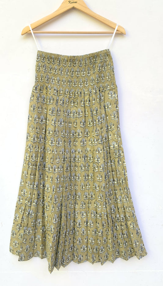 Olive Green Floral Block Print Cotton Smocked Dress – Handcrafted Boho Midi Sundress