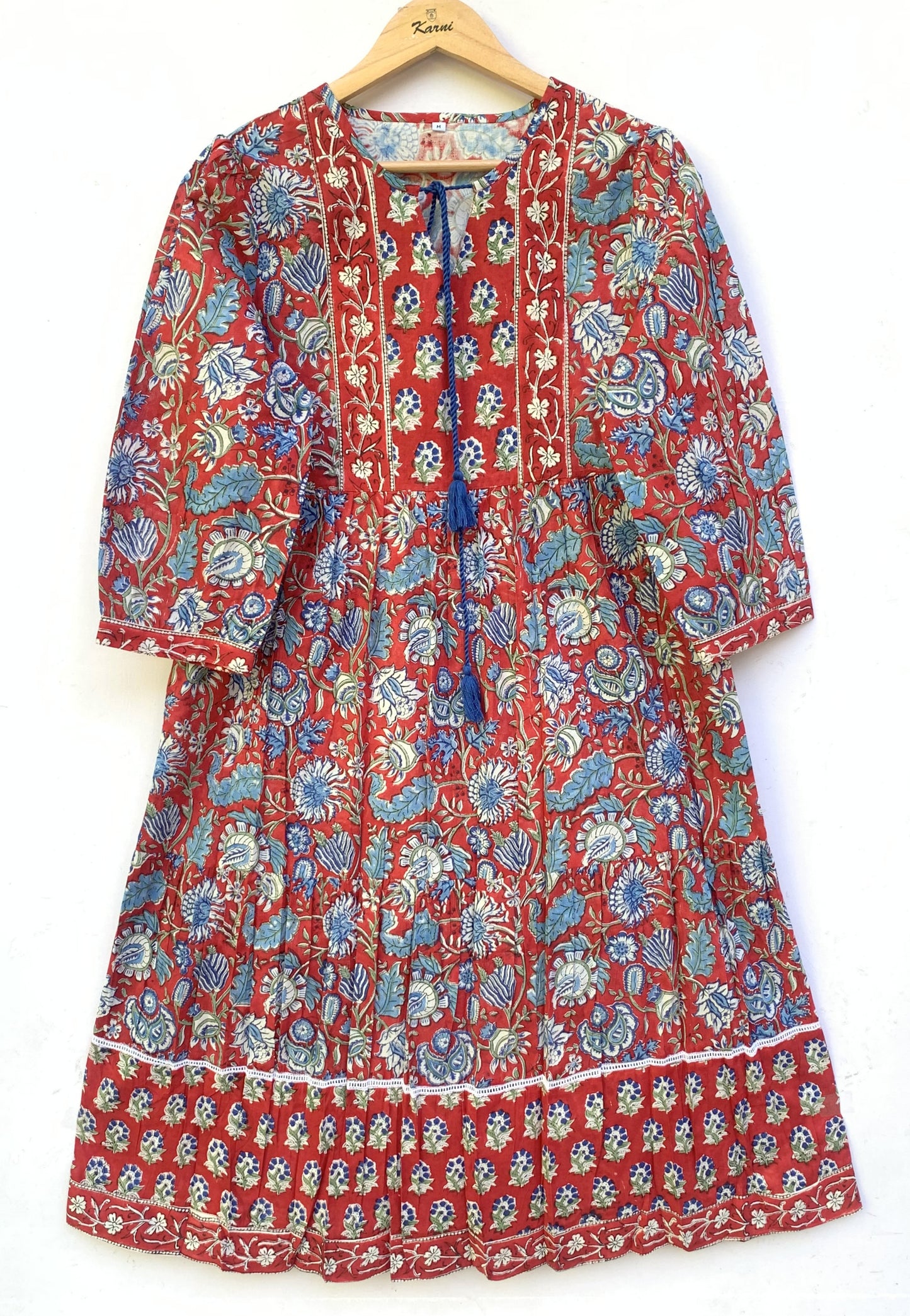 Red Blue Floral Block Print Cotton Dress – Handcrafted Boho Midi Dress with Tassel Tie Neck
