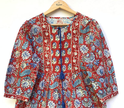 Red Blue Floral Block Print Cotton Dress – Handcrafted Boho Midi Dress with Tassel Tie Neck
