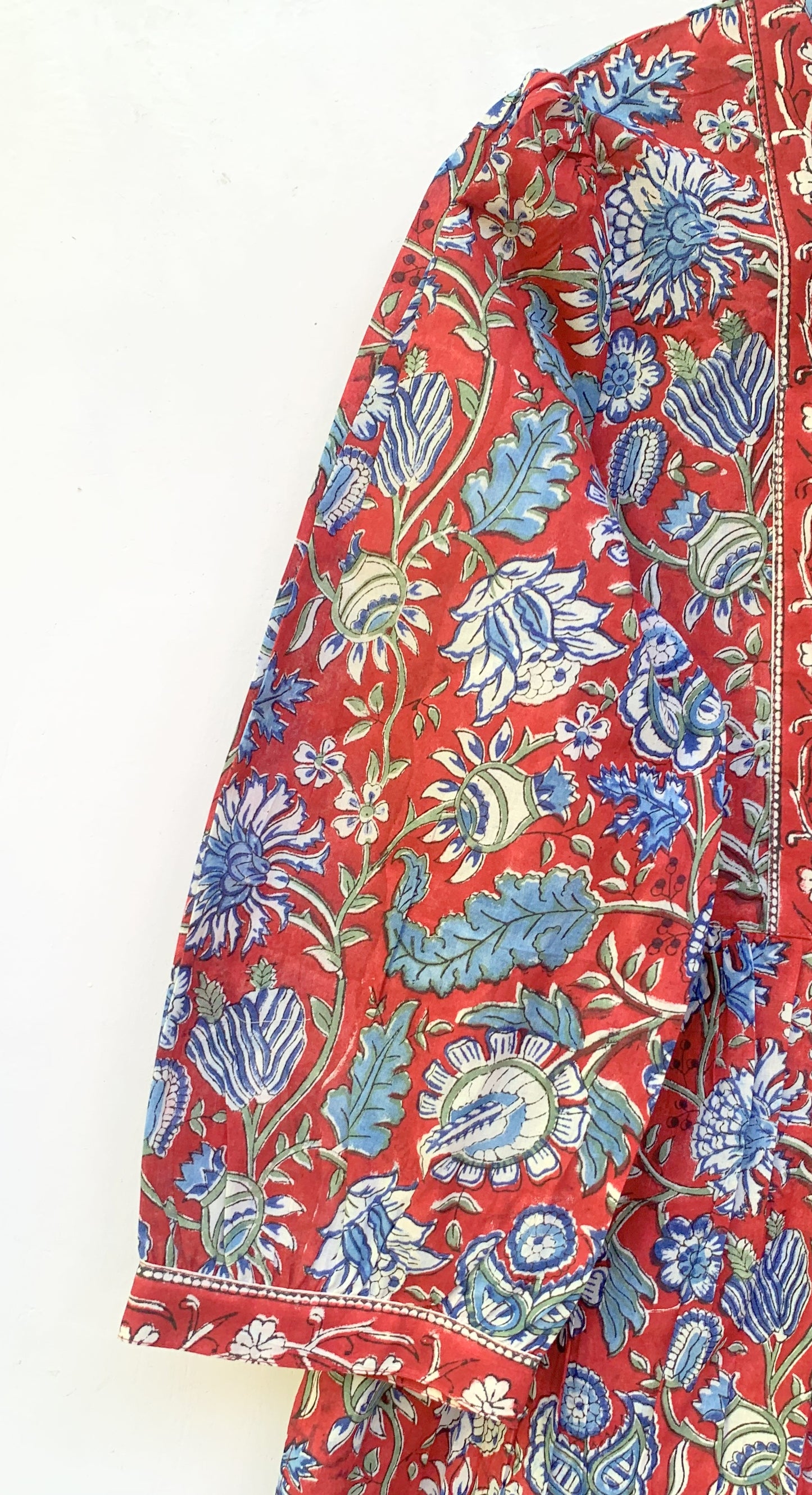 Red Blue Floral Block Print Cotton Dress – Handcrafted Boho Midi Dress with Tassel Tie Neck