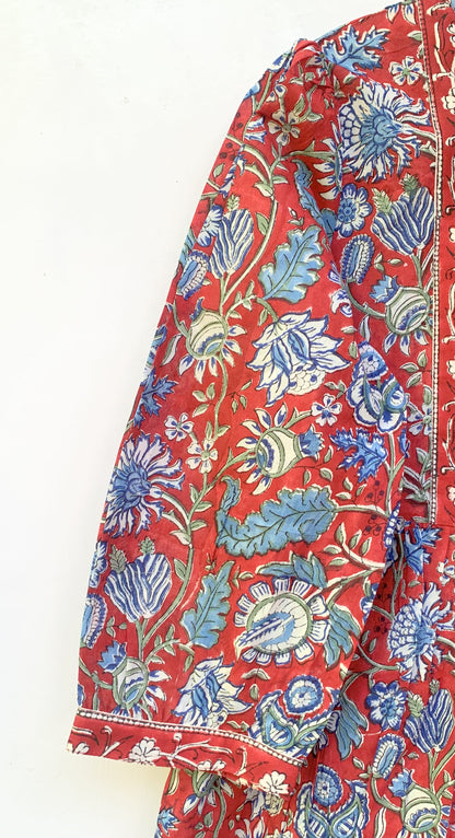 Red Blue Floral Block Print Cotton Dress – Handcrafted Boho Midi Dress with Tassel Tie Neck