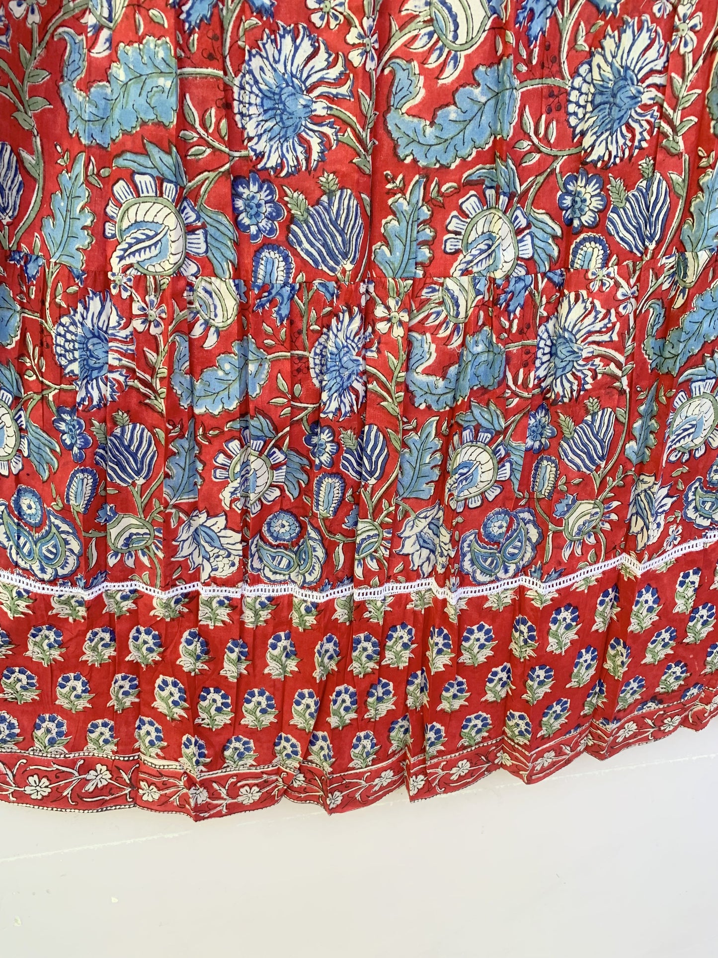 Red Blue Floral Block Print Cotton Dress – Handcrafted Boho Midi Dress with Tassel Tie Neck