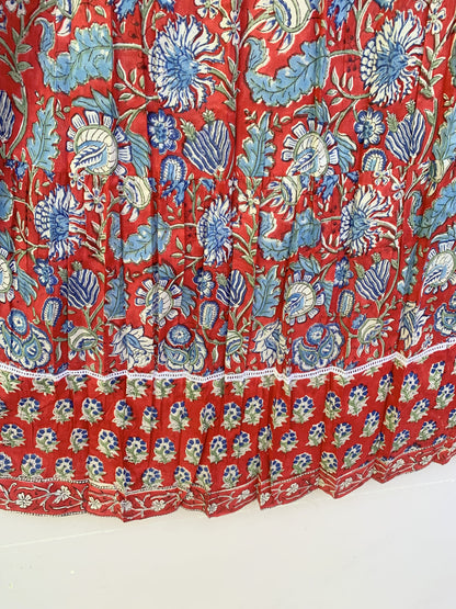Red Blue Floral Block Print Cotton Dress – Handcrafted Boho Midi Dress with Tassel Tie Neck