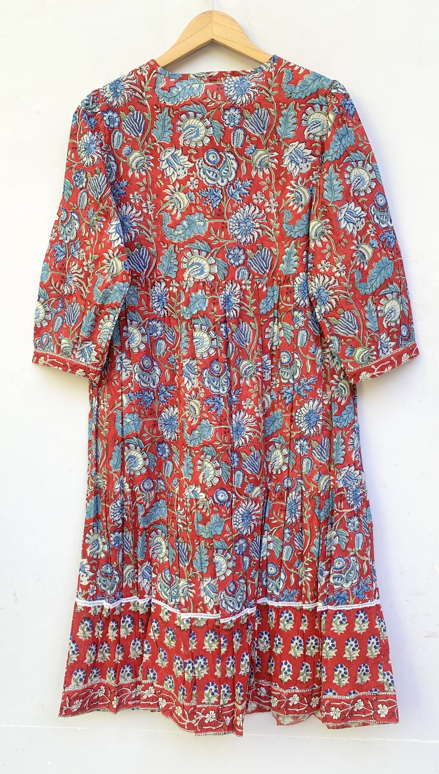 Red Blue Floral Block Print Cotton Dress – Handcrafted Boho Midi Dress with Tassel Tie Neck