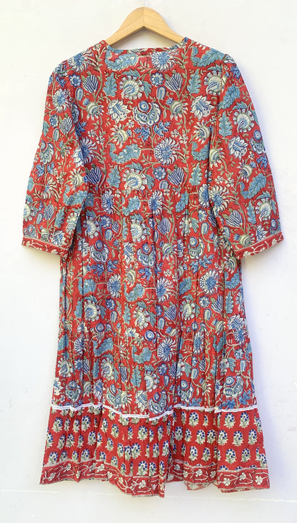 Red Blue Floral Block Print Cotton Dress – Handcrafted Boho Midi Dress with Tassel Tie Neck