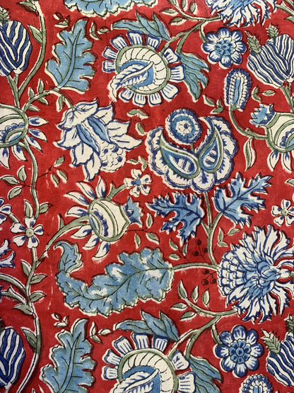 Red Blue Floral Block Print Cotton Dress – Handcrafted Boho Midi Dress with Tassel Tie Neck