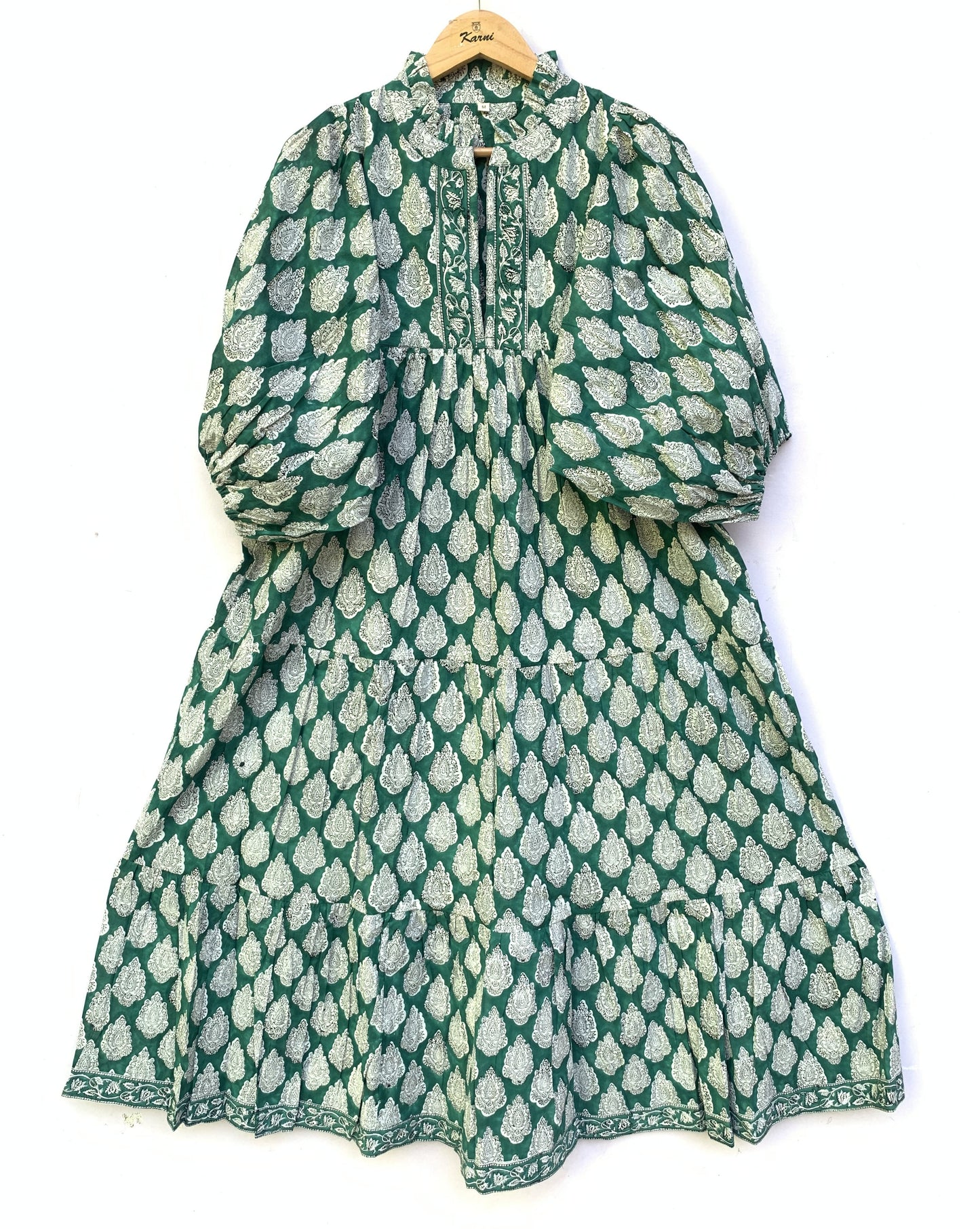 Green White Leaf Block Print Cotton Dress – Handcrafted Boho Midi Dress with Puff Sleeves – Free Shipping