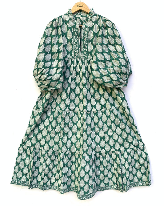 Green White Leaf Block Print Cotton Dress – Handcrafted Boho Midi Dress with Puff Sleeves – Free Shipping