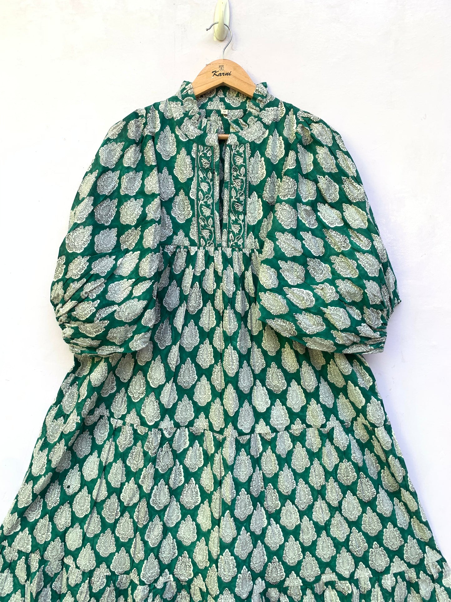 Green White Leaf Block Print Cotton Dress – Handcrafted Boho Midi Dress with Puff Sleeves – Free Shipping