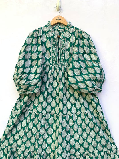 Green White Leaf Block Print Cotton Dress – Handcrafted Boho Midi Dress with Puff Sleeves – Free Shipping