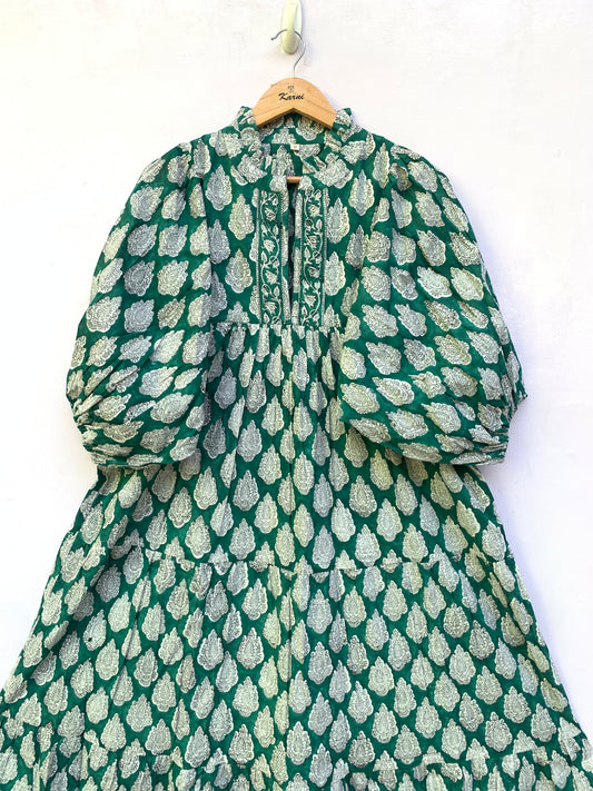 Green White Leaf Block Print Cotton Dress – Handcrafted Boho Midi Dress with Puff Sleeves – Free Shipping