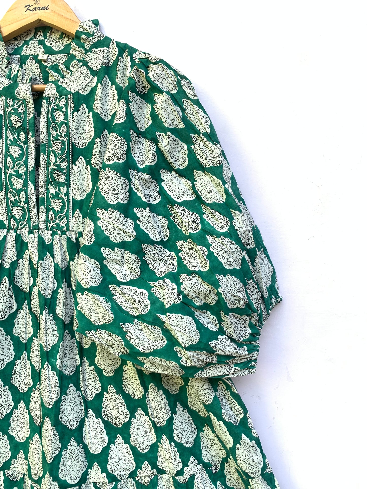 Green White Leaf Block Print Cotton Dress – Handcrafted Boho Midi Dress with Puff Sleeves – Free Shipping